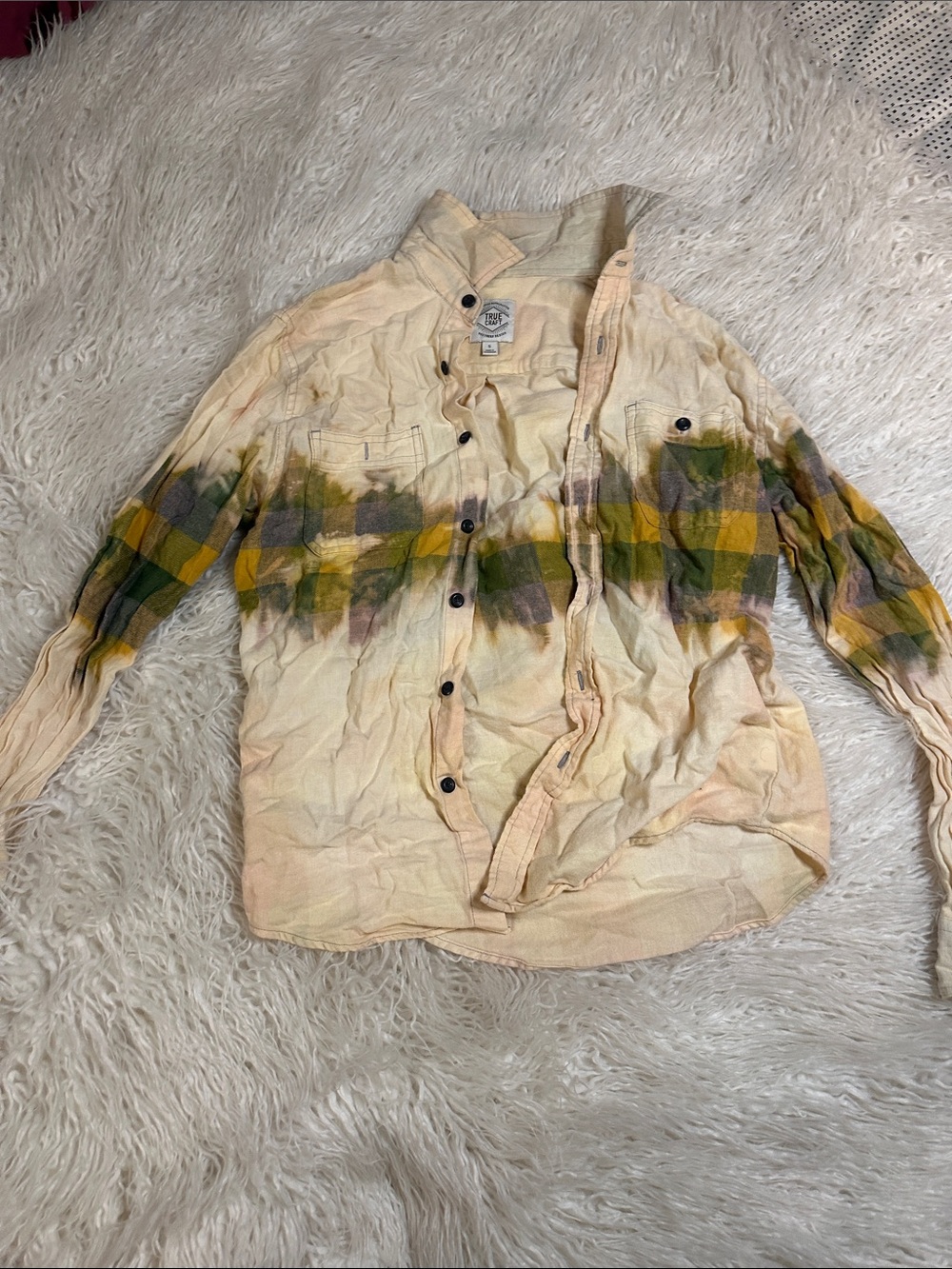 True Craft Cream Distressed Plaid Shirt with Green & Yellow Accents